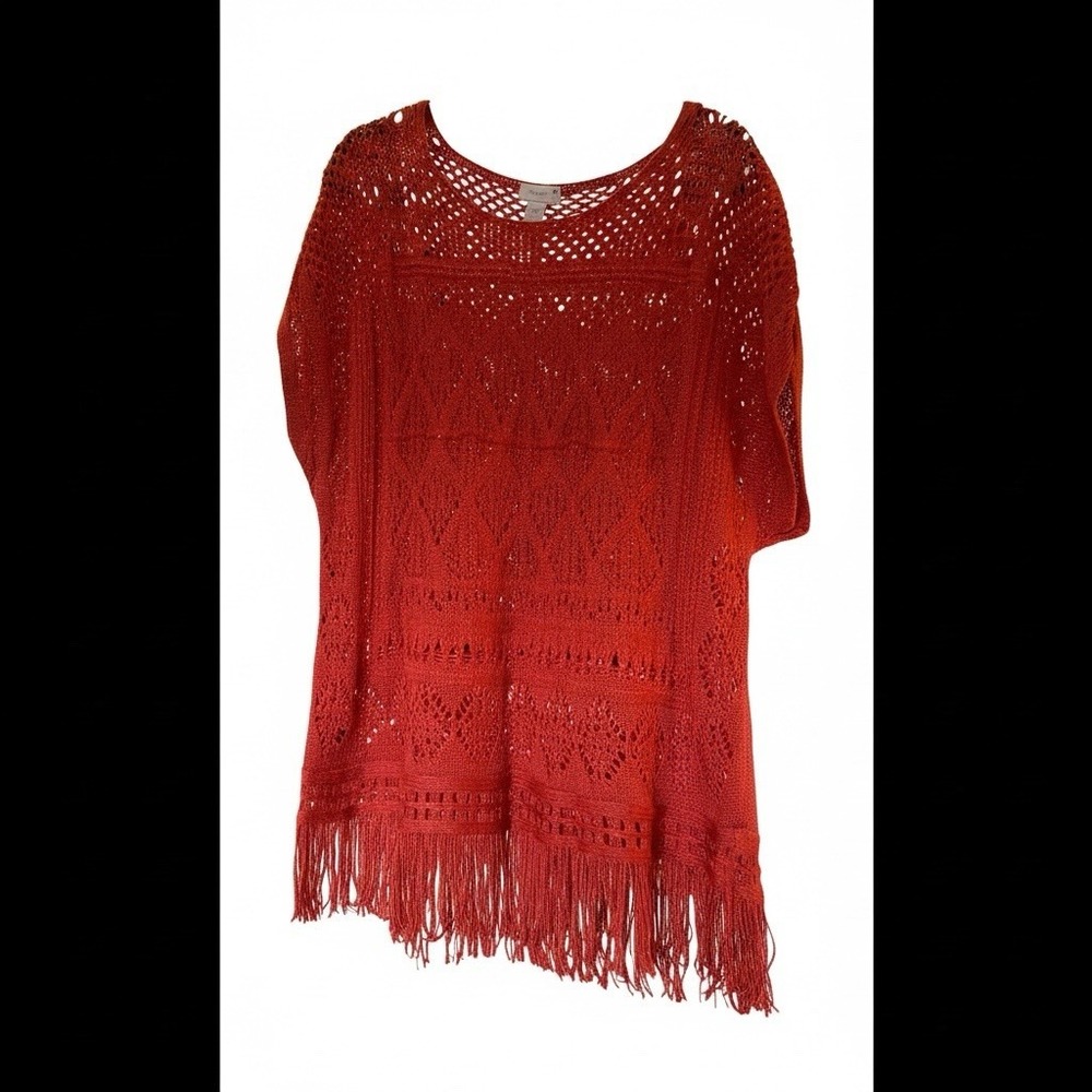 Chico's XL Crochet Mesh Lace Fringe Sweater Orange Layer Size 3 Boho Festival